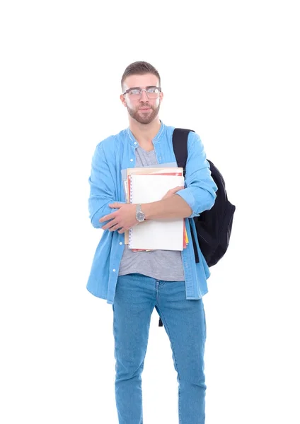 Uczeń z tornister trzymania książek na białym tle. Możliwości edukacji. College student. — Zdjęcie stockowe