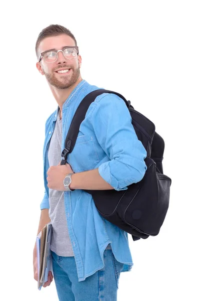 Een mannelijke student met een schooltas boeken geïsoleerd op een witte achtergrond te houden. Onderwijsaanbod. College student. — Stockfoto