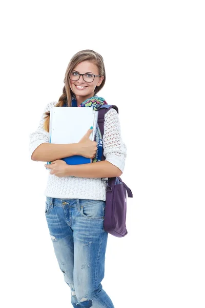 Porträtt av ung student kvinna som håller övningshäften. Student. Universitet — Stockfoto