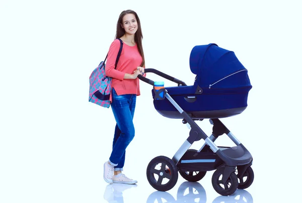 Full length portrait of a mother with a stroller, isolated on white background. Young mom — Stock Photo, Image