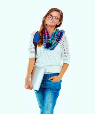 Egzersiz kitap tutan bir genç öğrenci kadın portresi.