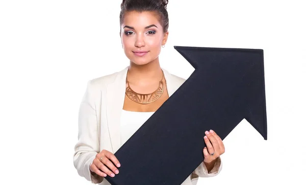 Mooie jonge zakenvrouw met zwarte pijlen, over een witte achtergrond — Stockfoto