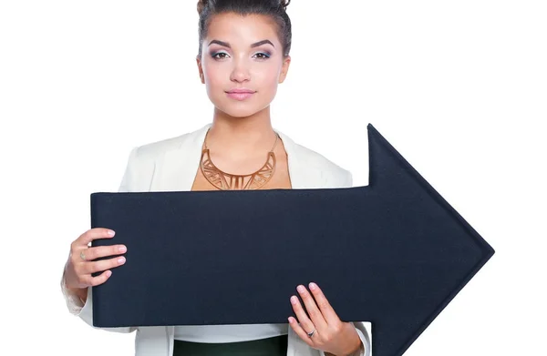 白地に黒矢印を保持している美しい若いビジネス女性 — ストック写真