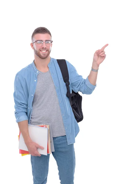 Muž student s školní batoh drží knihy izolovaných na bílém pozadí. Vzdělávání – příležitosti. Vysokoškolský student. — Stock fotografie