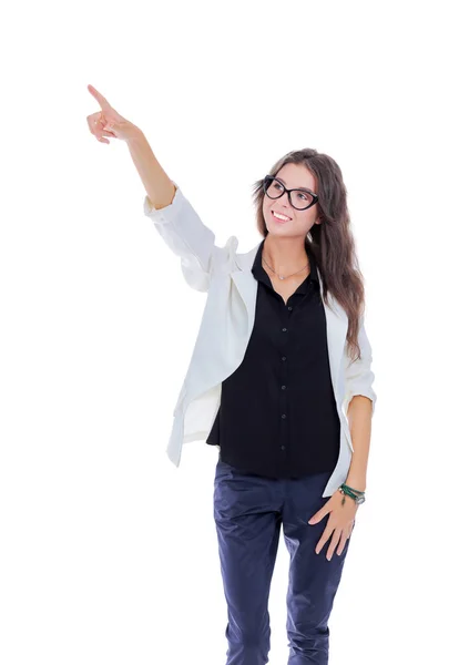 Geschäftsfrau zeigt mit dem Finger in die Kamera. Vereinzelt auf weißem Hintergrund. Geschäftsfrau — Stockfoto