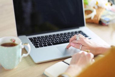 Genç bir kadın kahve molasında ya da kahve molasında dizüstü bilgisayar kullanıyor.