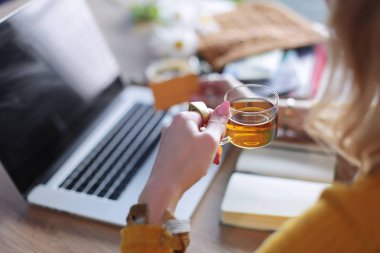 Kredi kartı tutan ve dizüstü bilgisayar kullanan genç bir kadın. Çevrimiçi alışveriş kavramı