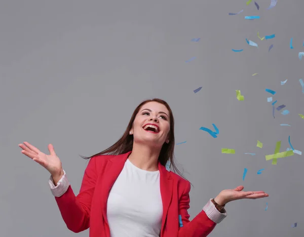 Beautiful happy woman at celebration party with confetti .Birthday or New Year eve celebrating concept — Stock Photo, Image