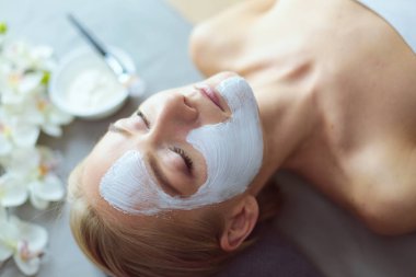 Yüz maskesi. Güzel genç kız Spa, makyajcısı kadın yüz maskesi uygulama.