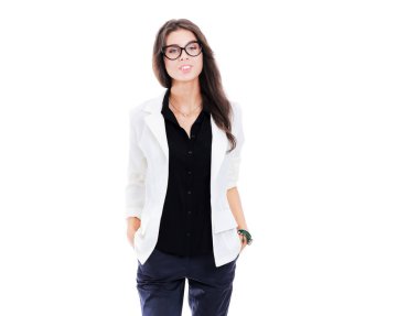 Duran, beyaz arka plan üzerinde izole genç kadın. Genç kadın.