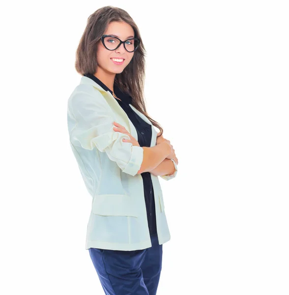 Mujer joven de pie, aislada sobre fondo blanco. Mujer joven . —  Fotos de Stock