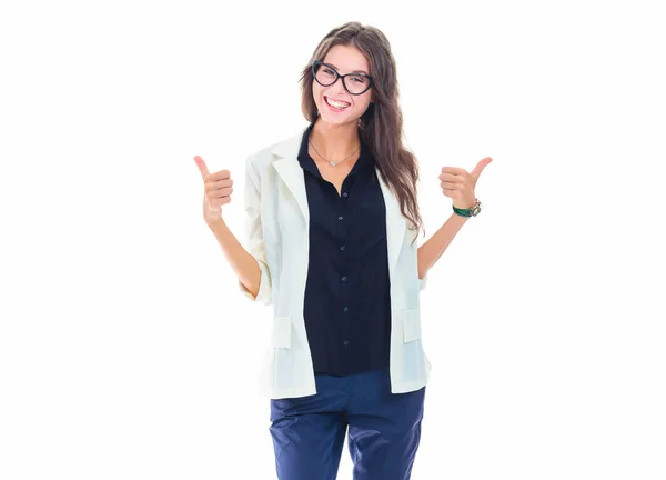 Mujer joven de pie, aislada sobre fondo blanco. Mujer joven . — Foto de Stock