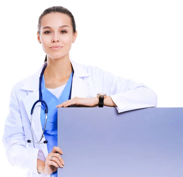 Una dottoressa con un cartellone bianco. Donna medico — Foto Stock