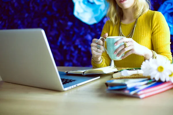 Young woman on a coffee break or enjoying the coffee-break, Using laptop computer — Stock Photo, Image