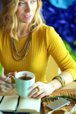 Kredi kartı tutan ve dizüstü bilgisayar kullanan genç bir kadın. Çevrimiçi alışveriş kavramı