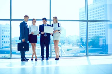 Grup iş adamları toplantı sırasında dizüstü bilgisayar ile sunum yapıyor. Grup iş adamları