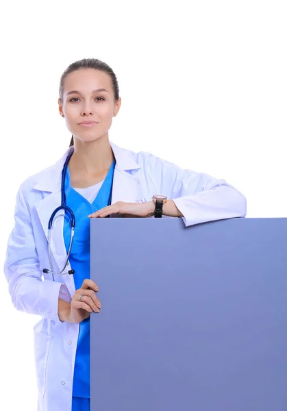 A female doctor with a blank billboard. Woman doctor — Stock Photo, Image