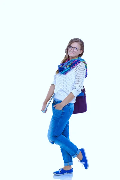 Smiling teenager with laptop on white background. Student. — Stock Photo, Image