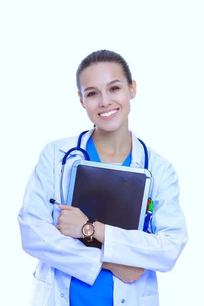 Mulher bonita jovem com computador tablet. Mulheres médicas — Fotografia de Stock