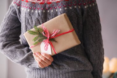 Noel hediye kutusu tutan kadın elleri. Noel