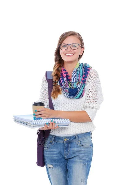 Hermosa joven con libros, aislada sobre fondo blanco. Estudiante — Foto de Stock