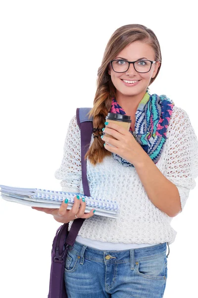 Hermosa joven con libros, aislada sobre fondo blanco. Estudiante — Foto de Stock