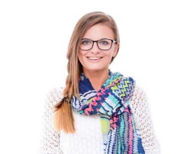 Egzersiz kitap tutan bir genç öğrenci kadın portresi.