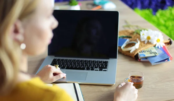 Mladá žena držící kreditku a používající notebook. Koncept nakupování online — Stock fotografie