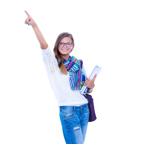 Retrato de una joven estudiante sosteniendo libros de ejercicios. Estudiante. Universidad —  Fotos de Stock