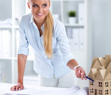 Ofiste dizüstü bilgisayarı olan çekici bir iş kadını.