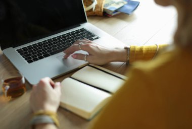 Kredi kartı tutan ve dizüstü bilgisayar kullanan genç bir kadın. Çevrimiçi alışveriş kavramı