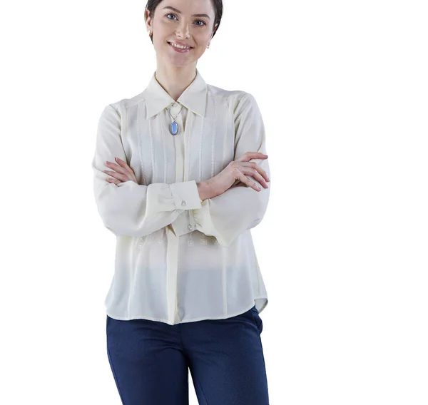 Portret van vrolijke jonge vrouw staande armen gekruist over witte achtergrond — Stockfoto