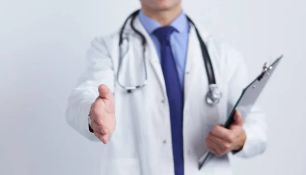 Friendly male doctor with open hand ready for hugging — Stock Photo, Image