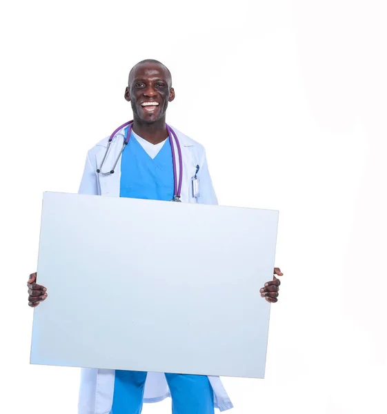 Ärztin mit leerem Plakat. Arzt. Plakatwand — Stockfoto