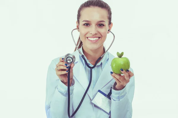 Médico médico mujer examinando manzana con estetoscopio. Mujeres doctores —  Fotos de Stock