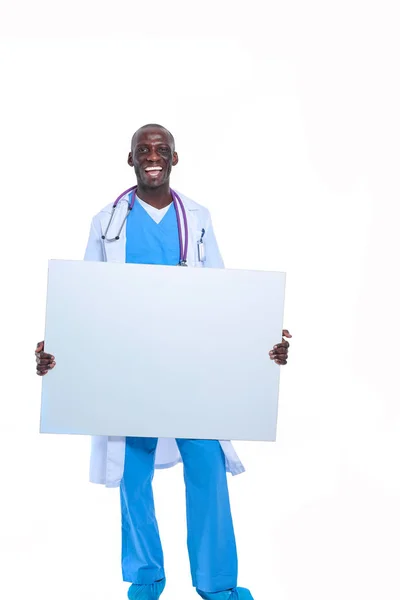 Male doctor holding empty placard. Doctor. Billboard — Stock Photo, Image