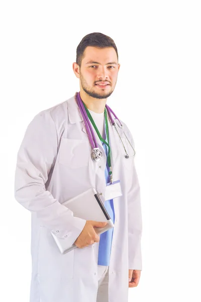 Portrait of a confident doctor with tablet isolated on white background — Stock Photo, Image