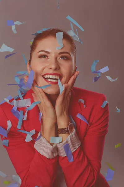 Portreit beautiful happy woman at celebration party with confetti .Birthday or New Year eve celebrating concept. — Stock Photo, Image