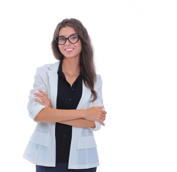 Jovem de pé, isolada sobre fundo branco. Jovem mulher . — Fotografia de Stock