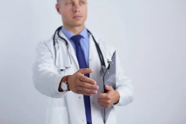 Friendly male doctor with open hand ready for hugging — Stock Photo, Image