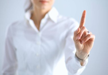 Kadın elini tut beyaz izole sanal kartvizit