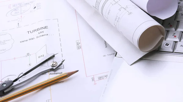 Blue print and plans with drawing compass — Stock Photo, Image