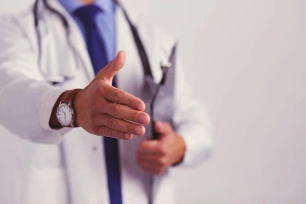 Friendly male doctor with open hand ready for hugging — Stock Photo, Image