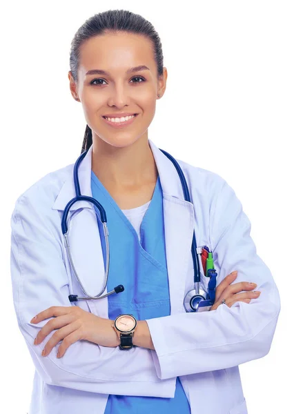 Woman doctor with stethoscope standing with arms crossed isolated on a white background — Stock Photo, Image