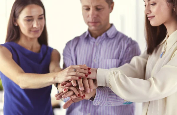 Grupo de manos de negocios sosteniendo un brote joven y fresco. Símbolo de negocio creciente y verde — Foto de Stock