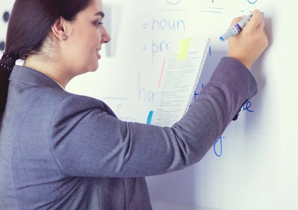 Business, education and office concept - business team with flip board in office discussing something. — Stock Photo, Image