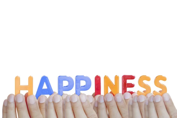 Чоловічі пальці, що показують текст "HAPPINESS" на білому тлі — стокове фото