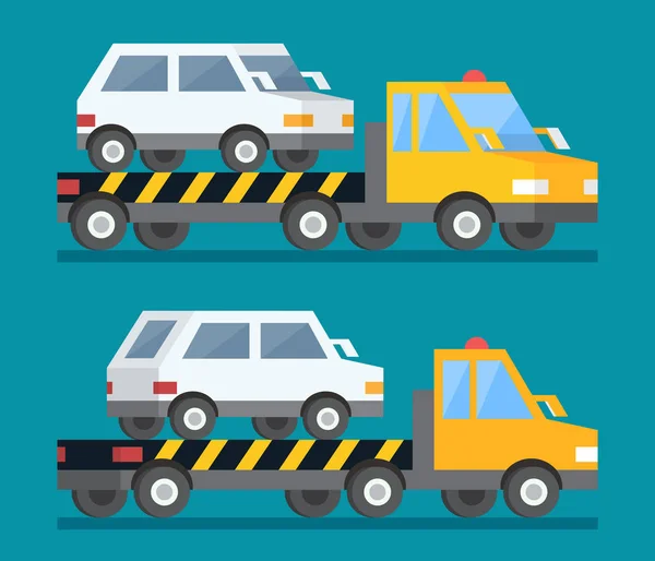 Evacuation car, road assistance service help. Evacuator tow track. Flat design vector illustration. — Stock Vector