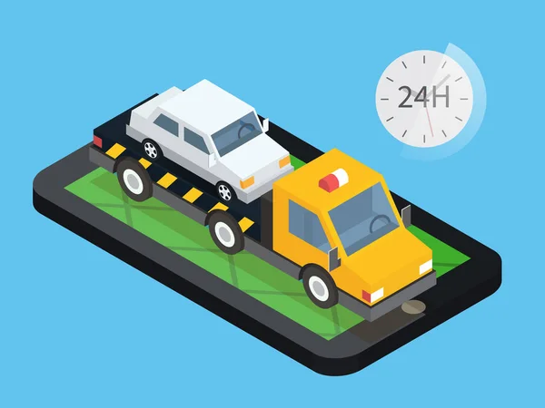 Auto rimorchio camion, assistenza stradale online. Evacuatore in app mobile. Illustrazione di design piatto . — Vettoriale Stock