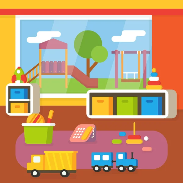 幼稚園の教室、幼児ルームのインテリア。フラットなデザインのベクトル図 — ストックベクタ